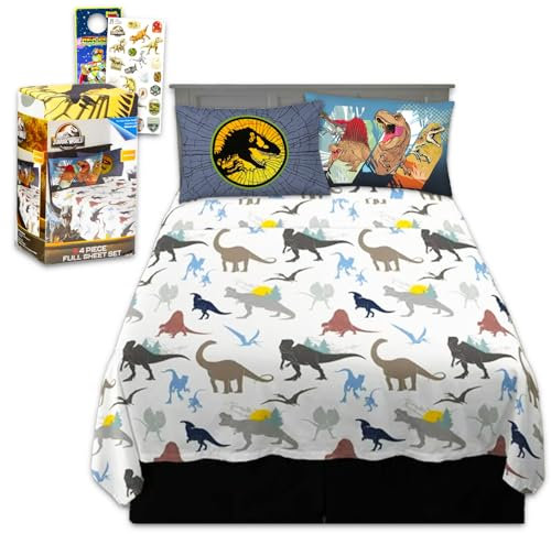 Jurassic World Set di biancheria da letto per letto matrimoniale – Bundle con lenzuolo con dinosauro, lenzuolo con angoli e federe per letto matrimoniale, più adesivi, altro | Biancheria da letto
