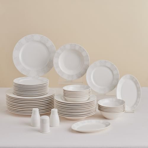 Karaca New Olio White Dinnerware Sets, Modern Kitchen Dinner Set for 12 People, Bone China Plates and Bowls Sets, Durable & Elegant, 53-Piece