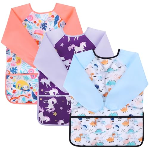 GSrenyu Kids Art Smock, 3 Pack Kids Waterproof Painting Apron