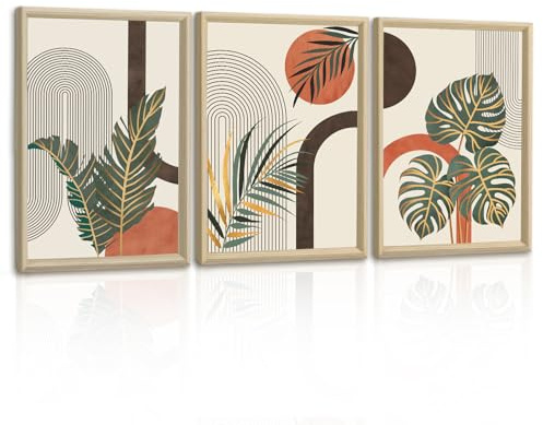 3Pcs Boho Géométrie Lignes Feuilles Tableau Decoration Murale Encadre Nordique Rond du Milieu du Siècle Impression Sur Toile Beige Orange Botanique Affiche Peintures Décor pour Salon Chambre 30x40cmx3
