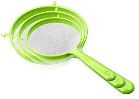 Set di 3 colini in plastica a rete fine, setaccio per farina con manico, per succhi e tè, con manico lungo, per setacciare succhi e spezie
