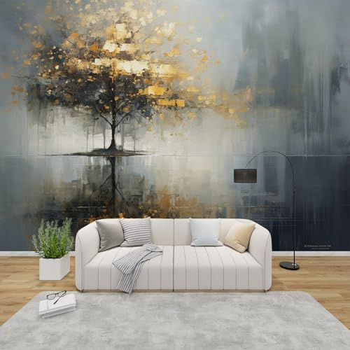 PaxGloz Fototapete Goldener Baum Tapete Abstrakte Landschaft Tapeten Vliestapete Modern Wandtapete Wohnzimmer Schlafzimmer Kinderzimmer Wanddeko Motivtapeten 150 x 105 cm (B x H)