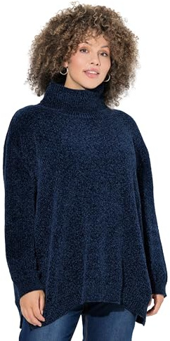 Ulla Popken Suéter de Chenilla, Amplio, Cuello alzado, Manga Larga Azul Tinta 50+ 810312740-50+