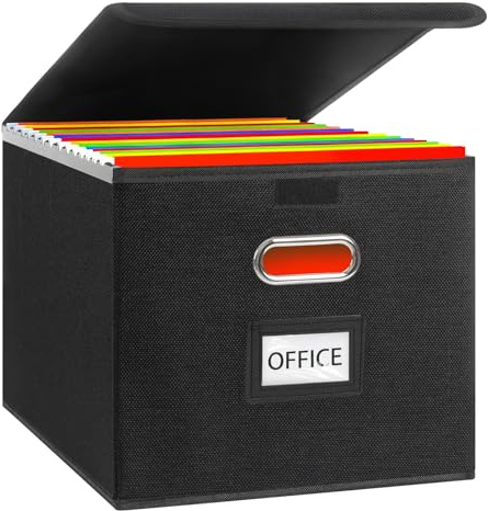 Upgraded Portable File Storage Box with Lid, Foldable Hanging File Organizer for A4 Documents, Fabric File Box with Plastic Slides & Metal Handles, Large Capacity Document Storage (Black linen)