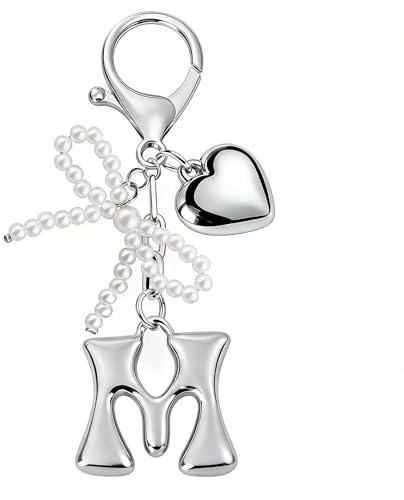 MWOOT Porte-clés avec Lettre Initiale Argent pour Femme, Porte Clef Alphabet avec Pendentif Cœur et Nœud en Perle, Mignon Bijoux de Sac(M)