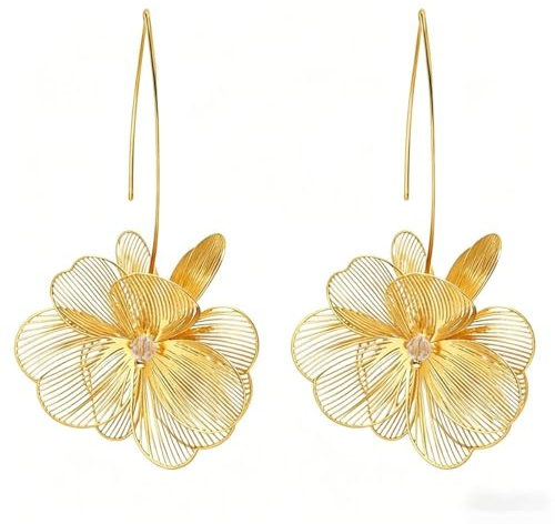 MIYUEFAN Boucle d'oreille Fleur Boucles d'oreilles Or pour Femmes | Bohème Boucle d'oreille Pendantes Fleur Plaqué or 14K Hypoallergéniques Grandes, Bijoux Cadeau pour Fête Mariage Anniversaire