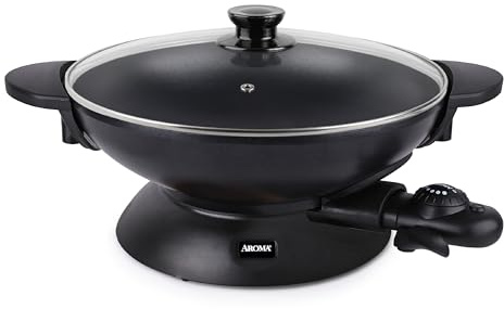 Aroma Housewares AEW-306 Electric Wok with Tempered Glass Lid Easy Clean Nonstick, Cooking Chopsticks, Tempura and Steaming Racks, Professional Model, Black