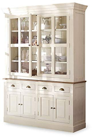 Loberon Schrank Morningside, Klassischer Long Island-Stil, Handgearbeitet, viel Stauraum, Buffetschrank, Esszimmerschrank, Mangoholz, Glas, antikweiß