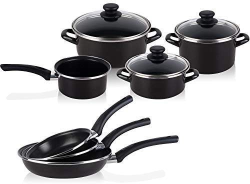 Magefesa - Bateria de cocina 7 piezas + Set Juego 3 Sartenes 18-20-24 cm, antiadherente libre de PFOA, limpieza lavavajillas apta cocinas, vitroceramica, gas, fabricadas en España