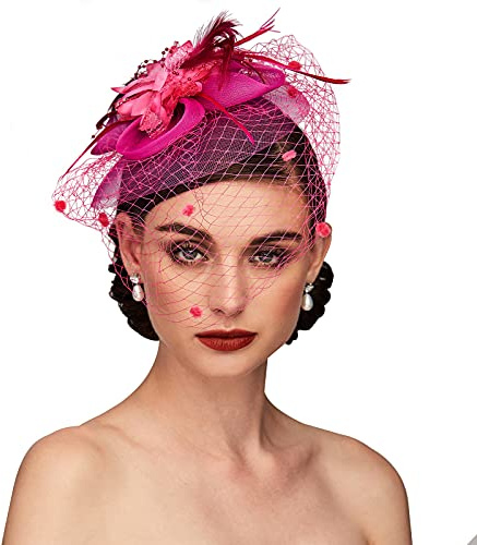 Tea Party Hat Fascinators Hats for Women Vintage Lace Mesh Floral Feather Hair Clip Headband with Veil for Church Wedding (Fuchsia)