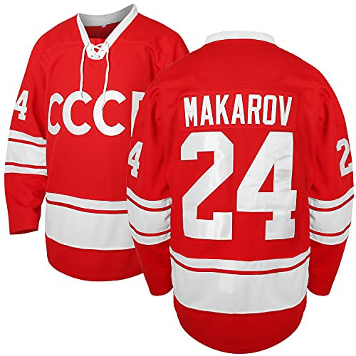 Vladislav Tretiak #20 Sergei Makarov #24 1980 UdSSR CCCP Russisches Hockey-Trikot, Rot, 24 Rot, L