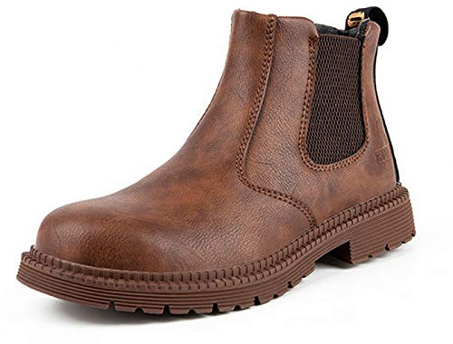 Zapatos de Seguridad Hombre, Botas de Seguridad para Hombre,Zapatos de Cuero con Punta de Acero Botas de Trabajo Impermeables y Transpirables Botas Zapatos Sin Cordones,Brown-46