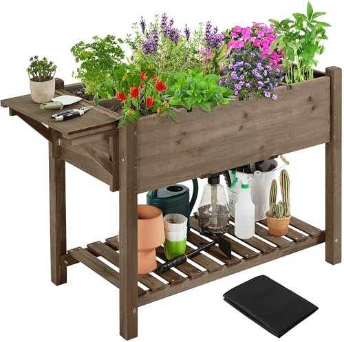 Yaheetech Huerto Urbano con Estante 123,5x54x80cm Macetero Jardinera Elevada de Madera Abeto con Rejillas de Cultivo Extraíbles y Forro Interior de Tela para Jardín/Terraza/Balcón Marrón Oscuro