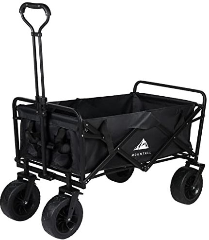 Heavy Duty Folding Wagon With Large Wheel, Trolley Cart Outdoor Transport Trailer Foldable Outdoor Garden Utility Wagon/Trolley with Cover Bag (Black)