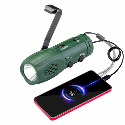 MOLEBIT Torcia a manovella con radio di emergenza a LED, caricatore per telefono, dinamo portatile SOS ricaricabile USB ricaricabile torcia LED portatile altoparlante integrato per campeggio