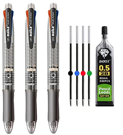 MROOFUL 5 in 1 Mittlere Spitze 1,0 mm Mehrfarbig Kugelschreiber 0,5 mm Druckbleistift 4 Farben Multifunktionsstift Multipack 3 Stück Druckkugelschreiber (Grau)