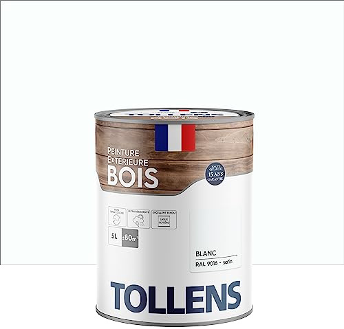 Tollens - Peinture extérieure bois 2 en 1 - Ultra Résistante - Finition Satin - Laque Riche en Résine - Pour Toute Boiserie Extérieure - Sans Sous-Couche - Satin - Blanc - 5L = 80m2
