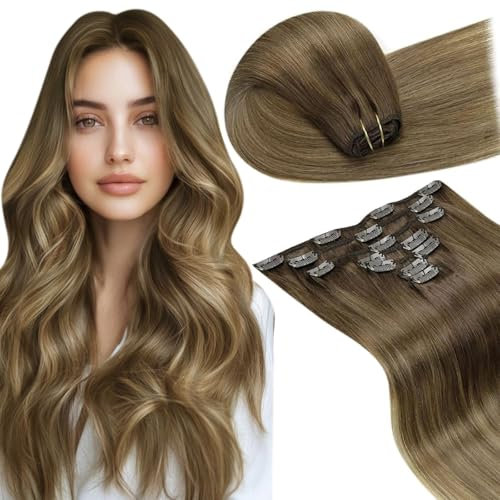 LaaVoo Echthaar Extensions Clip Balayage Braun Extensions Echthaar Clip Braun Ombre Hellbraun und Dunkelblond Clips in Extensions Glatt 105g 7pcs 50cm #6/8/14