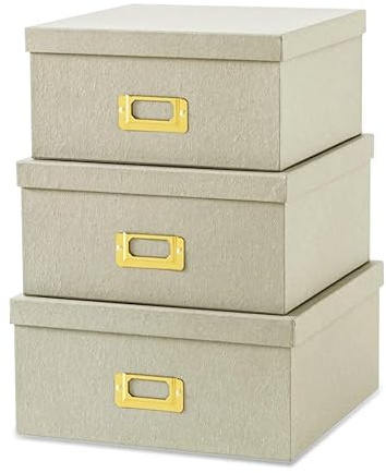 Soul & Lane Light Gray Kraft Paper Boxes for Storage, Set of 3 Square Stacking Boxes with Lids and Gold Label Holders, Decorative Photo Storage, Nesting Cardboard Containers for Organizing