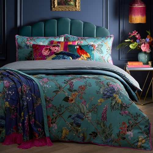 Laurence Llewelyn-Bowen - Teal Floral & Trellis Duvet Cover - Super King Bedding Size (260 x 220cm) - Reversible Designs - Soft 100% Cotton - 200 Thread Count - Luxury Bedding Set - 2 Pillowcases
