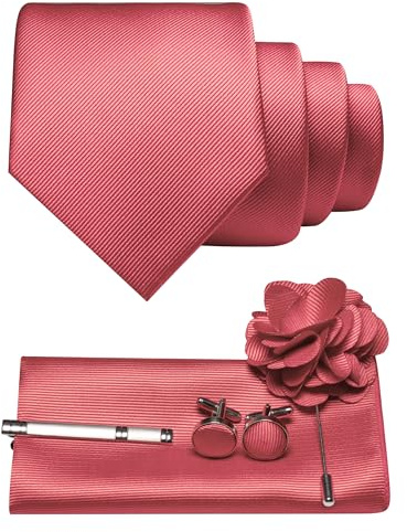 JEMYGINS Corbata de sarga para hombre con diseño monocolor, incluye gemelos cuadrados de bolsillo, pinza de corbata y broche de flores, set de regalo para fiestas, negocios, bodas