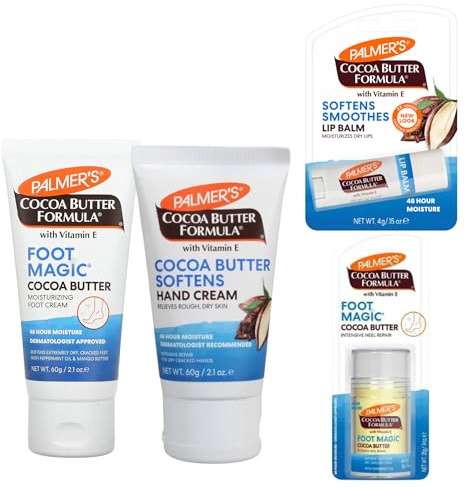 Palmer's Travel Set: Palmers Cocoa Butter Foot Magic Cream 60g, Lip Balm 4g, Heel Repair Stick 25g, Hand Cream 60g - Perfect Moisturizer Bundle Ideal for Dry Skin, Cracked Heels & Lips
