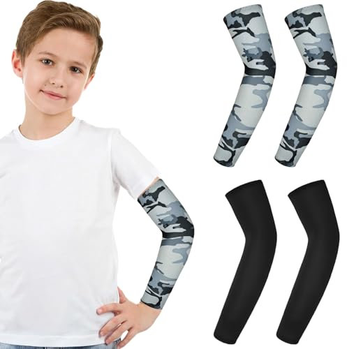 LUYANFX Volleyball Manchon Bras Enfants Basketball Manchettes Bras pour Enfants 2 Paires de Manchettes de Bras Taille L, Protection Solaire pour Course, Vélo, Skateboard (Noir + Gris)