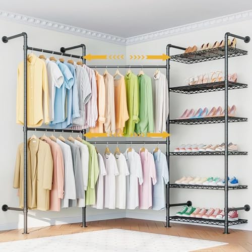 Wall Mounted Heavy Duty Clothes Rail with 6 Shelves 2 Expandable Rods | Wall Mount Clothing Rails Expandable Industrial Pipe,Metal Garment Rack with Adjustable Shelves for Clothes,Shoes,Bags