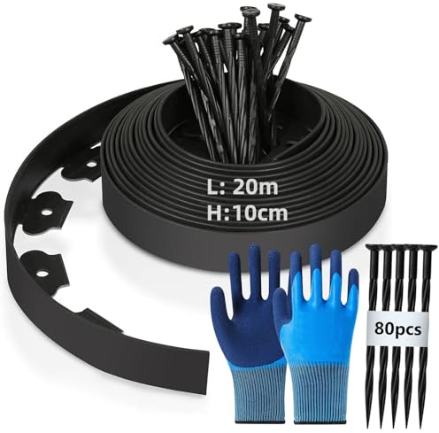 Flexibel gräskant av plast, 20 m (L) x 10 cm (H) rabattgräns, rabattkant, klippkant – kantband för gräsmatta med 80 markankare + 1 par handskar (svart)