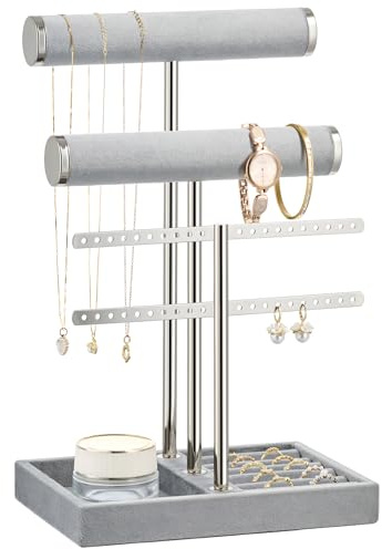 Jewelry Organizer Stand for Necklaces, Bracelets, Earrings, Rings, Grey