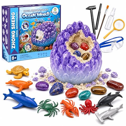 Mega Gemstones Dig Kit, Fossil Dig Kit for Kids, Dig Up 16 Real Gems, Crystals & Sea Animal Figures, Kids Archaeology Excavation Set, STEM Educational Mining Toy Gift for Boys Girls Age 3+