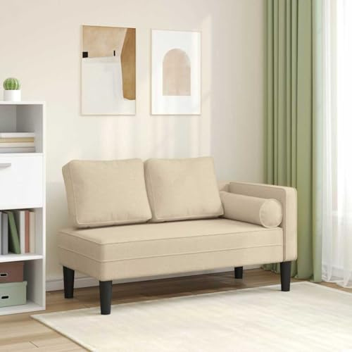 Bendmaxx Chaiselongue Recamiere med kudde, gräddfärgat tyg, polyester, skum, massivt trä, 116,5 x 62 x 57,5 cm, soffa, loungefåtölj för vardagsrum, sovrum, avslappning
