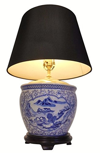 Oriental Furnishings Blue and White Porcelain Table Lamp in Landscape with Black Shade, 24 H