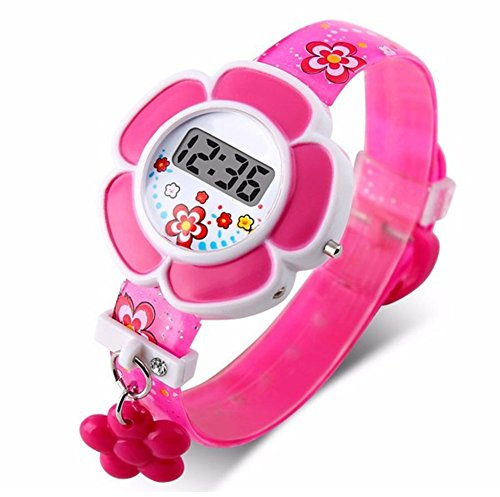 Lovely Flower Kids Watches, Waterproof Cute Children Watches, Cartoon Silicone Digital Wristwatch for Boys Girls(Rose Red)