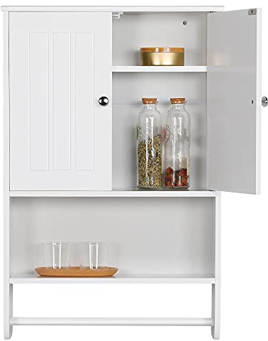 Yaheetech Armario Baño Pared Mueble Baño Colgar con Toallero Armario Colgante de Cocina con 2 Puertas 48,5x14x73cm Blanco Brillo
