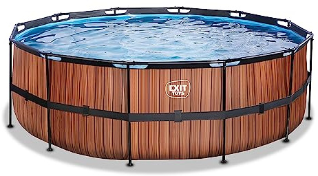 EXIT Toys Wood Pool - ø427x122cm - Piscina de Marco Redondo Grande con Bomba de Filtro de Cartucho - Piscina Extra Profunda - Marco Robusto - Incluye Escalera de Piscina - Diseño Único - Marrón
