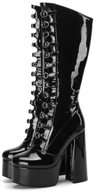 Frankie Hsu Gothic Lolita - Stivali da donna con tacco alto, tacco alto, tacco alto al ginocchio, con plateau in vernice nera, nero, 41 EU