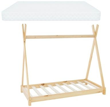 ML-Design Kinderbett Tipi 70x140 cm Natur mit Matratze & Lattenrost, Indianer Bett aus Kiefernholz, Hausbett für Mädchen & Jungen, Bodenbett Kinderhaus Jugendbett Holzbett Bettenhaus Spielbett Zelt