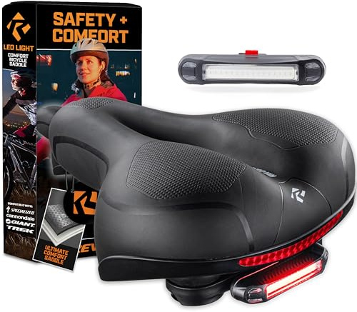 Revere Memory Foam Wide Bike Seat with Rear LED Safety Light – Waterproof, Shock-Absorbing Ergonomic Saddle for Road, Mountain, Cruiser & Exercise Bikes