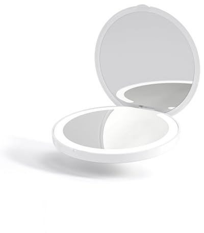 Specchio da Borsa 1X/10X, LED Specchio Compatto, Specchietto da Borsetta, Bifacciale Specchio Portatile, Specchio Portatile Tascabile Illuminato, Specchio Compatto Portatile da Borsetta(Bianco)