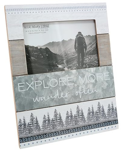 Pavilion Gift Company - Explore More - Textured Metal & Wood Picture Frame (Holds 4 x 6 inch Horizontal Photo), Hiking Picture Frame, Lodge Décor, Cabin Décor, 1 Count (Pack of 1), 7.75 x 10 inches