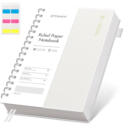 EMSHOI Cuaderno A5 con rayas universitarias, espiral, 150 hojas/300 páginas, 100 g/m², cubierta de PVC, notas adhesivas, bolsillo, lazo para bolígrafo, regla, marcapáginas, diario rayado para