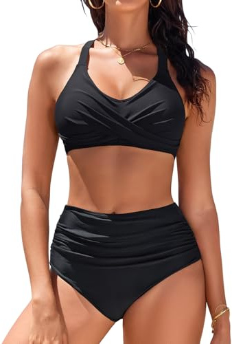 heekpek Maillot de Bain Femme 2 Pieces Taille Haute Bikini Push Up Maillot de Bain Femme Ventre Plat Avant Croisé Bikini Set Swimwear