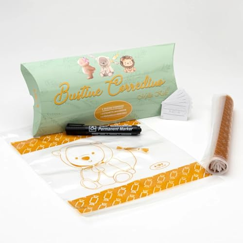 MELLA KIDS - Bustine Corredino Neonato Ospedale Grandi (Kit da 6) Sacchetti Cambio Neonato Ospedale, Asilo Nido, Accessorio Lista Nascita Bebè, Trasparenti con Etichette e Pennarello (Beige)