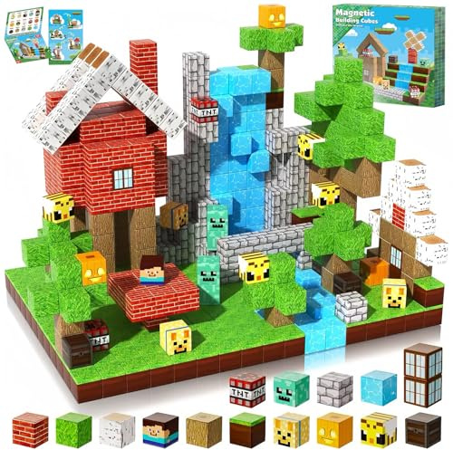 XUNIVERS Bloques Magneticos Construccion Niños,100 Piezas Construcciones Magneticas Niños,Juego Magnetic Blocks Tiles Construcción,Piezas Magneticas,Juguete Creativo Montessori para 3-10 Años(Bosque)