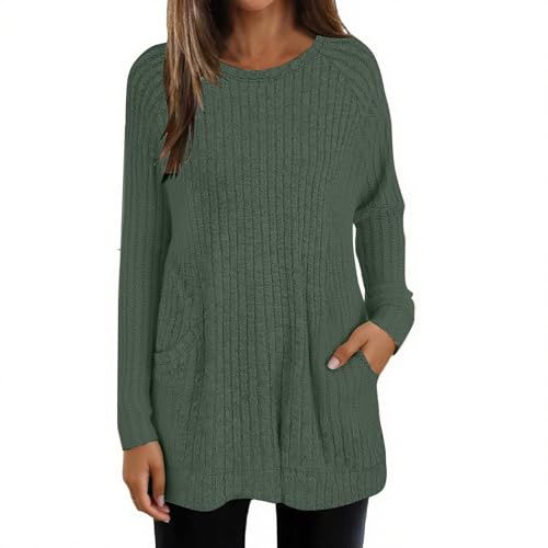 Sweatshirt Dress,Jumpers for Women Uk Lightweight With Pocket Long Sleeve Tops Casual Round Neck Tunic Top Long Tops To Wear With Leggings Ladies Knit Jumper Sweater Green Xl