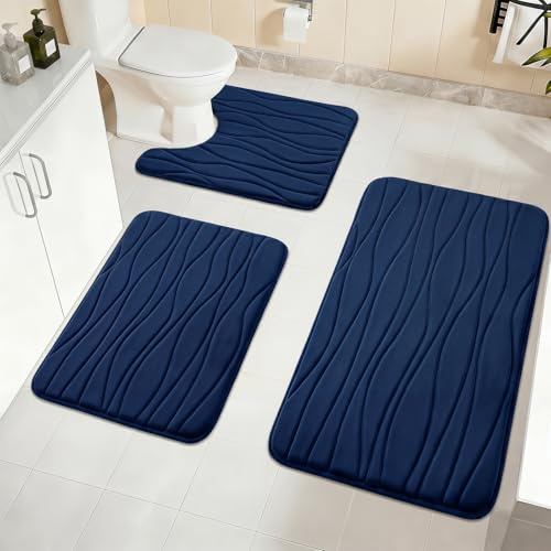 Homcomodar Bath Mat Sets 3 Piece Soft Memory Foam Bathroom Mat Sets Water Absorbent Bath Mats for Bathroom Washable Non Slip Bath and Toilet Rug Set for Shower Floor Bathrooms Decor（Blue）