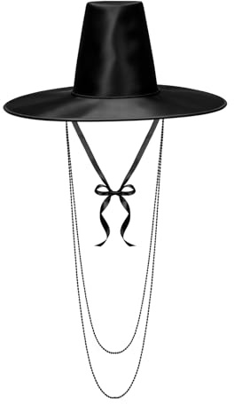 MFUOE Korean Gat Hat Demon Hunter Costume Black Top Hat Traditional Ming Dynasty Performance Hat Korean Traditional Hat Wide Brim Cosplay Cap Vintage Black Mesh Hat with Beaded Neck Strap