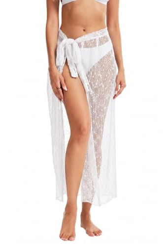 Dam Paljett Virkad Bikini Cover Up, Justerbar Strand Sarong Omlottkjol, One Size Baddräkt Cover Up för Pool, Kryssning och Semester, Vit
