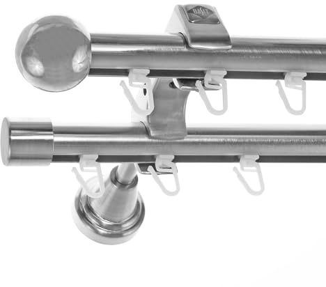 BASIT Gardinenstange 2 läufig Innenlauf Wandmontage 180 cm lang Edelstahl Look Vorhangstange doppelläufig mit Ø20mm Gardinenstangenset zweiläufig H60II